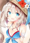  1girl :d bangs bare_shoulders bikini blue_bikini blue_bow blue_eyes blush bow breasts cleavage collarbone commentary_request eyebrows_visible_through_hair fate/grand_order fate_(series) flower hair_between_eyes hat hat_bow hat_flower highres light_brown_hair long_hair looking_at_viewer marie_antoinette_(fate/grand_order) marie_antoinette_(swimsuit_caster)_(fate) medium_breasts nanakusa_amane navel open_mouth red_flower smile solo striped striped_bow sun_hat swimsuit twintails upper_body very_long_hair white_flower 