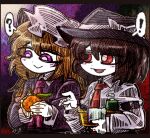  ! 2girls :&gt; :d ? arm_garter basket black_arm_garter black_hat blonde_hair blush blush_stickers bow breast_pocket brown_hair collar dress food fruit fruit_request hair_between_eyes hat hat_bow holding holding_basket holding_food holding_fruit long_dress long_hair long_sleeves maribel_hearn mob_cap multiple_girls necktie pink_necktie pocket purple_dress purple_eyes red_eyes red_necktie shirt sleeve_cuffs smile suenari_(peace) touhou usami_renko white_bow white_collar white_hat white_shirt 