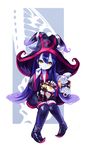  3girls anocco blue_hair blue_skin boots chibi hat league_of_legends long_hair lulu_(league_of_legends) multiple_girls poppy smile teemo thigh_boots thighhighs tristana wicked_lulu witch_hat yellow_eyes yordle 