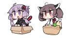  2girls :d ahoge basket black_jacket blush_stickers box brown_hair chibi chibi_only closed_mouth commentary_request dress full_body hair_between_eyes hair_ornament headgear in_basket in_box in_container ini_(inunabe00) jacket japanese_clothes kimono kiritanpo_(food) long_sleeves multiple_girls obi open_clothes open_jacket open_mouth outline purple_dress purple_eyes purple_hair red_eyes red_sash sash short_hair short_hair_with_long_locks simple_background sitting smile touhoku_kiritan transparent_background vocaloid voiceroid white_kimono white_outline yuzuki_yukari 