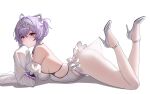  1girl absurdres ahoge bare_shoulders breasts choker closed_mouth clothes_pull detached_sleeves frilled_leotard frills from_side goddess_of_victory:_nikke hairband high_heels highres kai_si_(hscn5578) lace_pantyhose_hooked_on_heel_(meme) legs_up leotard liberalio_(nikke) long_hair long_sleeves looking_at_viewer lying medium_breasts meme on_stomach pantyhose pantyhose_pull pulling_own_clothes purple_hair red_eyes shoes simple_background solo white_background white_choker white_leotard white_pantyhose white_shoes 
