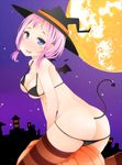  :p ass bad_id bad_pixiv_id blue_eyes breasts demon_tail demon_wings full_moon halloween hat highres kazuha_nanako medium_breasts moon night original pink_hair pumpkin short_hair solo star_(sky) striped striped_legwear tail thighhighs tongue tongue_out wings witch_hat 