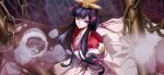  1girl black_hair closed_mouth code_geass code_geass:_dakkan_no_roze code_geass:_lost_stories f4samurai floral_print floral_print_kimono game_cg haruyanagininomiya_sakura highres japanese_clothes kimono long_hair non-web_source obi official_art pink_eyes pink_hair pink_kimono print_kimono sad sash sidelocks solo 