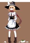  60mai adapted_costume alternate_hair_length alternate_hairstyle apron bad_id bad_pixiv_id black_dress blonde_hair boots capelet dress hands_on_hips hat hat_ribbon kirisame_marisa long_sleeves looking_at_viewer perfect_cherry_blossom pigeon-toed ribbon scarf short_hair smile snow_bunny solo touhou waist_apron witch_hat yellow_eyes 