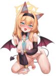  1girl all_fours animal_ear_fluff animal_ears areola_slip bikini black_collar black_hairband blue_archive blue_eyes blue_neckerchief blush breasts breath cameltoe cat_ears collar covered_nipples demon_tail demon_wings detached_collar detached_sleeves fingernails grabbing_own_breast hairband halo highres long_hair looking_at_viewer mari_(blue_archive) milk_box_(leoleo963852741) navel neckerchief open_mouth orange_hair side-tie_bikini_bottom simple_background solo stomach sweat swimsuit tail third-party_source white_background white_bikini wings yellow_halo 