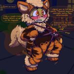 2018 absurd_res ambiguous_gender anthro artist_name blush blush_lines bodily_fluids bondage_gear bondage_gloves brown_markings brown_nose button_(fastener) candy candy_bucket cheetah clenched_teeth clothed clothing dessert detailed_background dialogue diaper diaper_squish diaper_under_clothing diaper_under_onesie drooling english_text facial_markings feces felid feline food fur generation_1_pokemon growlithe halloween handwear harness head_markings heart_eyes heart_symbol hi_res holidays jack-o&#039;-lantern leash leash_pull ludis-luteo mammal markings moon multicolored_body multicolored_fur night nintendo offscreen_character on_one_leg onesie outside pokemon pokemon_(species) pokemon_onesie saliva signature smoosh_(sound_effect) soiled_diaper solo sound_effects speech_bubble spotted_face spottykitten squish_(sound_effect) standing stink_fumes tan_body tan_fur teeth text trick-or-treating unclean_diaper used_diaper walking wearing_diaper whisker_spots window yellow_body yellow_fur