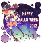  2012 blonde_hair blue_background elbow_gloves gloves halloween happy_halloween hat hude-pen long_hair original pointy_ears solo thighhighs witch_hat yellow_eyes 