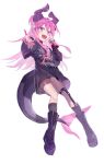  1girl absurdres black_shirt blue_eyes boots bracelet breasts choker curled_horns dragon_horns dragon_tail earrings elizabeth_bathory_(fate) elizabeth_bathory_(perfect)_(fate) elizabeth_bathory_(perfect)_(first_ascension)_(fate) fate/grand_order fate_(series) full_body hair_ribbon highres horns jewelry knee_boots long_hair looking_at_viewer microphone off_shoulder open_mouth pink_hair pointy_ears ribbon shirt short_sleeves small_breasts solo tail thigh_strap tsukudani_(ore624) two_side_up 