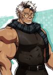  1boy absurdres bara bare_shoulders beard belt black_hair blue_eyes cowboy_shot earrings expressionless facial_hair full_beard glasses grey_hair highres huge_pectorals jewelry looking_at_viewer male_focus mature_male multicolored_hair muscular muscular_male nifast_(greentail) original pectorals round_eyewear scarf shirt shredded_muscles sidepec solo standing streaked_hair tan taut_clothes taut_shirt thick_arms thick_eyebrows veins veiny_arms 