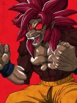 alien alien_humanoid anthro big_hands brown_body brown_fur dragon_ball dragon_ball_daima fur goku hair haplorhine hi_res humanoid male mammal monkey muscular primate prismanoodle_(artist) red_eyes red_hair saiyan screaming simple_background solo super_saiyan super_saiyan_4 tail