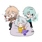  3boys am_starrail anaxa_(hello_world!)_(honkai:_star_rail) anaxa_(honkai:_star_rail) aqua_hair blonde_hair closed_eyes cup hair_between_eyes holding holding_cup honkai:_star_rail honkai_(series) juice medium_hair multiple_boys mydei_(hello_world!)_(honkai:_star_rail) mydei_(honkai:_star_rail) official_alternate_costume phainon_(hello_world!)_(honkai:_star_rail) phainon_(honkai:_star_rail) short_hair side_ponytail sitting white_background white_hair 