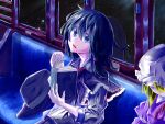 2girls arm_garter black_capelet black_hair black_hat blonde_hair blue_eyes book bow capelet closed_eyes collar dress dress_ribbon frills hair_ribbon hat hat_bow holding holding_book maribel_hearn medium_hair mob_cap multiple_girls muraryo night night_sky open_mouth puffy_sleeves purple_dress reading red_ribbon ribbon short_hair sky sleeping sleeve_cuffs star_(sky) star_(symbol) touhou train train_interior unworn_headwear usami_renko white_arm_garter white_collar white_hat 