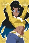  1girl arms_behind_head ass ausshawott black_hair blue_eyes blue_pants breasts closed_mouth crop_top dahlia_(pokemon) dark-skinned_female dark_skin denim hair_ornament highres jeans long_hair long_sleeves looking_at_viewer medium_breasts midriff navel navel_piercing pants piercing pokemon pokemon_dppt pokemon_platinum ribbed_shirt saucy_aussy shirt smile solo yellow_shirt 