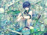  black_hair goggles goggles_around_neck irorico male_focus original pipes plant smile tank_(container) water 