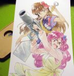  2girls agahari angry back_bow blue_bow blue_kimono bow brown_hair closed_mouth clothes_writing commentary_request creator_connection crossover dress fangs green_eyes hair_bow holding holding_rocket_launcher holding_spatula holding_weapon japanese_clothes kimono kuonji_ukyou long_hair multiple_girls open_mouth oversized_object painting_(medium) photo_(medium) pinafore_dress pink_eyes pink_hair pink_shirt ran_(urusei_yatsura) ranma_1/2 red_bow rocket_launcher sash shirt sleeveless sleeveless_dress spatula traditional_media urusei_yatsura weapon yellow_bow yellow_dress yellow_sash 
