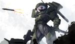  1girl 1other absurdres antennae armor assault_visor bodysuit breasts camouflage cloud cloudy_sky combat_knife covered_navel cyborg firing fog giant giantess grey_hair gun hair_between_eyes helmet highres holding holding_gun holding_knife holding_weapon impossible_bodysuit impossible_clothes impossible_leotard knife leotard mask medium_breasts military military_vehicle missile motor_vehicle mouth_mask natsukaze_shigure original outdoors rain science_fiction skin_tight sky tank thrusters tree weapon 