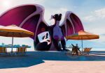 2_horns 3d_(artwork) antennae_(anatomy) anthro areola arthropod beach beach_chair beach_umbrella big_areola big_breasts black_body black_scales blue_sky breasts butt chair claws cloud cloudy_sky dark_areola dark_nipples day digital_media_(artwork) dizzy_(artlegionary) dragon duo ender_dragon extreme_size_difference eyes_closed female female_focus furniture grey_body grey_scales grey_wings horn huge_areola insect jean_(minecraft) larger_anthro larger_female lens_flare light light_beam looking_at_viewer lounge_chair male mantis membrane_(anatomy) membranous_wings microsoft minecraft mojang mythological_creature mythological_scalie mythology nipples non-mammal_breasts non-mammal_nipples open_mouth open_smile outdoor_nudity outside parasol pointy_ears purple_areola purple_membrane purple_nipples sand scales scalie sea size_difference sky smaller_anthro smaller_male smile solo_focus spread_wings sunbeam sunlight tail thick_thighs water watermark wings xbox_game_studios zelyonka