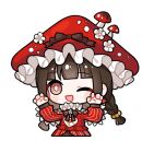  1girl artist_request bare_shoulders beads black_bow black_bowtie blunt_bangs blunt_ends bow bowtie braid bright_pupils brooch brown_bow brown_eyes brown_hair brown_skirt claw_pose clothing_cutout cropped_torso dress flower flower_brooch food_print frilled_headwear frilled_sleeves frills glimmering_forest_(infinity_nikki) hair_beads hair_ornament happy hat hat_bow hat_flower hat_ornament heart heart_print infinity_nikki jewelry long_hair long_sleeves looking_at_viewer low_twin_braids mushroom mushroom_earrings mushroom_hat mushroom_hat_ornament mushroom_print neck_ruff nikki_(series) official_art one_eye_closed print_dress puffy_long_sleeves puffy_sleeves red_dress red_hat shoulder_cutout skirt skirt_under_dress solo striped_bow striped_bowtie striped_clothes striped_dress tareme transparent_background twin_braids vertical-striped_clothes vertical-striped_dress very_long_hair white_flower white_pupils 