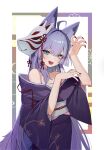  1girl ahoge animal_ear_fluff animal_ears blue_eyes chest_sarashi commentary_request fang fingernails floral_print floral_print_kimono fox_ears fox_girl fox_mask hair_between_eyes hair_intakes hands_up heterochromia highres huingae_(njun0) japanese_clothes kimono korean_commentary long_bangs long_hair looking_at_viewer mask mask_on_head mole mole_under_eye nail_polish off_shoulder open_mouth outside_border print_kimono purple_kimono red_nails sarashi simple_background smile solo stellive tenko_shibuki three-quarter_sleeves very_long_hair virtual_youtuber white_background wide_sleeves yellow_eyes 