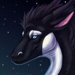 1:1 ambiguous_feral ambiguous_gender black_body black_horn black_mane blackfish blue_eyes dragon feral glistening glistening_eyes heatherwolf horn looking_at_viewer mane mouth_closed mythological_creature mythological_scalie mythology pink_inner_ear scalie simple_background solo star white_body