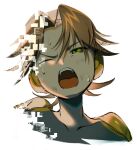  1boy brown_hair glitch green_eyes half-closed_eye highres hub_hikari_(mega_man) m0gaku male_focus mega_man_(series) mega_man_battle_network_(series) megaman.exe netnavi one_eye_closed open_mouth simple_background solo upper_body white_background 