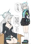  2girls absurdres ahoge animal_ear_fluff animal_ears aqua_scarf black_choker black_dress black_halo blue_archive blue_halo blue_scarf breasts broken_halo choker cleavage cross cross_hair_ornament dark_halo dress extra_ears full_body gloves green_gloves grey_hair hair_between_eyes hair_ornament halo highres inverted_cross large_breasts long_hair medium_hair multiple_girls nubebenbe scarf seiza shiroko_(blue_archive) shiroko_terror_(blue_archive) sitting wolf_ears wolf_girl 