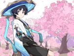  1boy anemo_symbol_(genshin_impact) armor black_bodysuit black_bow black_bridal_gauntlets black_hair blue_gemstone blue_hat blue_kimono blue_sleeves blunt_ends bodysuit bow bridal_gauntlets cherry_blossoms chinese_commentary clear_sky closed_mouth clothing_cutout commentary cowboy_shot expressionless eyeliner eyeshadow falling_petals feathers flower furisode gem genshin_impact gold gold_ring gold_trim hakama hakama_shorts hand_on_own_thigh hat highres hip_vent japanese_armor japanese_clothes jingasa juban kimono kote kurokote layered_sleeves long_wind looking_at_viewer makeup male_focus mandarin_collar middle_ring on_tree_stump open_clothes open_kimono outdoors petals pink_flower pink_petals pleated_shorts pom_pom_(clothes) purple_eyes purple_rope purple_sash red_eyeliner red_eyeshadow rope sash scaramouche_(genshin_impact) short_sleeves shorts sitting sky solo tilted_headwear tree tree_stump wanderer_(genshin_impact) white_kimono white_sky white_sleeves yellow_feathers 