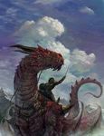  adiyos cloud dragon fantasy highres horns mountain original riding scales sky sword tail weapon wings 