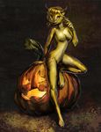  abstract_background blonde_hair breasts cat feline female green_eyes hair leaning looking_at_viewer lynx mammal navel nude pumpkin short_hair solo tumorhead 