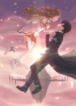  1girl absurdres asuna_(sao) bad_id bad_pixiv_id black_eyes black_hair boots breastplate brown_hair closed_eyes couple hands_on_another's_face hetero highres kirito long_hair short_hair silhouette sword_art_online tears thighhighs tony_zhazha 