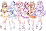  6+girls :d animal_ears animal_on_head apron black_hair blue_bow blue_bowtie blue_dress blue_eyes blue_hair blush bow bowtie brown_eyes brown_hair cat cat_on_head closed_mouth commentary_request double-parted_bangs dress frilled_apron frilled_dress frills full_body hair_between_eyes hamico hand_up hands_up hatena_(hoshimeguri_gakuen) heart heart_hands highres hirasaka_mei_(vtuber) horns hoshimeguri_gakuen indie_virtual_youtuber kuramochi_kyouko long_hair looking_at_viewer maid maid_headdress misato_ran mochimochi_sakura multicolored_hair multiple_girls nekozuki_mio official_art on_head open_mouth orange_bow orange_bowtie orange_dress pink_bow pink_bowtie pink_dress pink_hair purple_bow purple_bowtie purple_dress purple_eyes purple_hair red_bow red_bowtie red_dress red_eyes sheep_horns shoes short_hair short_sleeves simple_background smile socks standing twintails two-tone_hair two_side_up virtual_youtuber watermark white_apron white_background white_shoes white_socks yellow_bow yellow_bowtie yellow_dress 