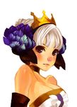  bare_shoulders blush choker crown dress face faux_traditional_media feathers gwendolyn hair_ornament hair_up lips odin_sphere profile purple_eyes silver_hair solo star-flavored strapless strapless_dress tiara valkyrie 
