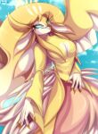 absurd_res angel anthro avian beak bird blonde_hair blue_eyes clothed clothing cloud colored_nails deity dress eyelashes feathered_wings feathers female glowing glowing_eyes hair hazbin_hotel hellaverse hi_res ivywoof long_eyelashes long_hair nails side_view sky smile solo speaker_of_god_(hazbin_hotel) wings yellow_body yellow_wings