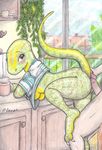  anthro blush bottomless breasts butt butt_grab clothed clothing dinosaur duo female from_behind half-dressed human human_on_anthro interspecies kitchen male mammal non-mammal_breasts nude paul-lucas paul_lucas penis raised_tail raptor rubbing scalie sex side_view skimpy straight 