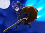  :o ahoge aqua_eyes black_hair black_legwear broom broom_riding chuunibyou_demo_koi_ga_shitai! eyepatch full_moon highres mary_janes moon night rasukaru rocket shoes short_hair skirt solo takanashi_rikka thighhighs 