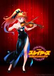  1girl anniversary araizumi_rui bare_shoulders black_bow black_dress bow clothing_cutout curtains dress full_body hair_bow high_heels high_ponytail highres holding holding_instrument holding_violin instrument lina_inverse long_dress long_hair official_art orange_eyes orange_hair ponytail promotional_art pumps side_slit slayers smile solo strapless strapless_dress violin 