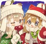  +_+ 2girls :3 :d animal_hat blue_eyes blush_stickers border bow bowtie brown_hair cat_hat christmas closed_mouth coat commentary_request double-parted_bangs fang green_bow green_bowtie green_coat green_eyes hair_between_eyes hat highres kipfel_(vrchat) long_hair long_sleeves mamehinata mittens multiple_girls notamaru_2 open_mouth outside_border red_coat red_hat red_mittens santa_costume scarf skin_fang smile star_(sky) starry_sky_background upper_body vrchat white_border white_hat white_mittens white_scarf 