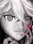  1boy closed_mouth cracked_kawaii_mask crazy_eyes danganronpa_(series) danganronpa_2:_goodbye_despair grey_eyes grey_hair hair_between_eyes hand_up highres komaeda_nagito male_focus nail_polish portrait red_nails solo zao_(mmmooo_00000) 