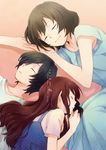  2girls ame_(ookami_kodomo) armpit_peek bad_id bad_pixiv_id black_hair brown_hair closed_eyes dress hana_(ookami_kodomo) long_hair mother_and_daughter mother_and_son multiple_girls ookami_kodomo_no_ame_to_yuki short_hair sleeping wakaya_hana yuki_(ookami_kodomo) 