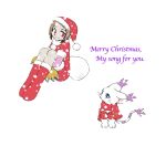 anthro bandai_namco blue_eyes christmas christmas_clothing christmas_headwear clothing digimon digimon_(species) duo female fur gatomon gloves handwear hat headgear headwear hikari_kamiya holidays human kemono mammal santa_hat snow teiso_dog white_body white_fur