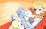  1girl blonde_hair blue_pants breasts coach coat crossed_legs digimon digimon_(creature) digimon_story:_time_stranger eyelashes grey_shirt highres lab_coat large_breasts looking_at_another medium_hair monica_simmons notepad open_clothes open_coat pants shirt sitting supermondobeat tablet_pc terriermon terriermon_joshu white_coat yuuki_kanan 
