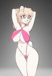 2025 anthro aurora_(scorpdk) bear big_breasts bikini blonde_hair blue_eyes breasts butt butt_from_the_front clothing eyebrows eyelashes female fur hair hands_behind_head hi_res mammal navel pink_bikini pink_clothing pink_swimwear polar_bear scorpdk solo swimwear thigh_gap two-piece_swimsuit ursine white_body white_fur wide_hips