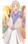  1girl :d blue_eyes blue_ribbon blue_sweater blurry blurry_background blush bob_cut border braid collared_dress commentary_request cowboy_shot dress gakuen_idolmaster grey_hair hair_ribbon half_up_braid highres idolmaster iroha_822 katsuragi_lilja layered_sleeves long_dress long_sleeves looking_at_viewer open_mouth outdoors outside_border puffy_long_sleeves puffy_sleeves ribbon ribbon_braid road short_hair short_over_long_sleeves short_sleeves smile solo standing street sweater white_border white_dress 
