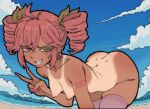  1girl beach bent_over breasts commentary cowboy_shot day drill_hair earrings fingernails furrowed_brow ganguro grin gyaru jewelry kasane_teto non-web_source outdoors pantsu-ripper pink_nails raised_eyebrow red_eyes red_hair shoulder_tattoo small_breasts smile tan tanlines tattoo thighhighs twin_drills utau 