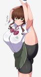  1girl absurdres bike_shorts bike_shorts_under_skirt black_shorts blush bow bowtie bra bra_peek breast_pocket breasts brown_hair closed_mouth collared_shirt commentary_request cowboy_shot green_eyes grey_background highres large_breasts looking_at_viewer mujin_(mujinzairaisen) original pocket popped_button red_bow red_bowtie school_uniform shirt shorts sidelocks smile solo split standing standing_on_one_leg standing_split translation_request underwear white_shirt 