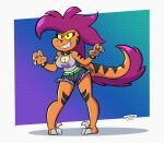 2023 anthro artist_name biped black_body black_eyes bottomwear bracelet breasts broken_heart claws clothed clothed_anthro clothed_female clothing colored denim denim_bottomwear denim_clothing denim_shorts dinosaur dinosaur_bones dromaeosaurid feathered_tail feathers feet female finger_claws fingers front_view full-length_portrait hair hi_res jewelry long_hair looking_at_viewer markings medium_breasts narrowed_eyes non-mammal_breasts orange_body portrait pose prehistoric_species purple_body purple_feathers purple_hair reptile roxie_raptor saurischian scalie scifidude shaded shadow shorts small_waist smile smirk solo spiked_bracelet spikes striped_markings stripes tail text theropod toe_claws toes velociraptor yellow_sclera