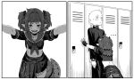  ... 1boy 1girl :d against_wall agemmata armband belt blush chest_sarashi crocodile_girl crocodilian_tail crop_top fingerless_gloves gakuran gloves greyscale height_difference highres kabedon locker midriff monochrome navel neckerchief nitya_nil open_mouth phase_connect pleated_skirt pointy_ears sarashi school_uniform serafuku sharp_teeth short_hair short_sleeves skirt smile sweatdrop tail teeth twintails virtual_youtuber 
