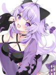  1girl ahoge animal_ears black_choker blush breasts cat_ears cat_girl cat_tail choker cleavage commentary_request cowboy_shot crop_top detached_sleeves ekakimii fang grey_shorts hair_ornament hairclip hand_up highres hololive large_breasts long_hair long_sleeves looking_at_viewer nekomata_okayu nekomata_okayu_(personya_respect) o-ring o-ring_choker official_alternate_costume official_alternate_hair_length official_alternate_hairstyle open_mouth parted_bangs purple_eyes purple_hair purple_scrunchie scrunchie shorts smile solo tail tail_scrunchie virtual_youtuber white_background 