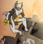  2019 animal_genitalia animal_penis anthro balls biped black_body black_fur bottomless bottomless_male canid canine canine_genitalia canine_penis canis car claws clothed clothing digitigrade ear_markings erection fuf fur genitals grin head_tuft hi_res jacket jacket_only knot mad_max male mammal markings mostly_nude multicolored_body neck_tuft outside pawpads penis smile solo spiked_tail spikes spikes_(anatomy) tail teeth toe_claws topwear topwear_only tuft two_tone_body vehicle white_body white_fur wolf yellow_eyes yellow_markings yellow_nose yellow_pawpads yellow_penis 