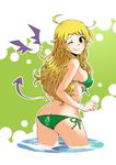  ahoge bad_id bad_pixiv_id bikini blonde_hair fang from_behind green_bikini green_eyes hoshii_miki idolmaster idolmaster_(classic) kikoeru long_hair looking_back side-tie_bikini smile solo swimsuit wading wings 